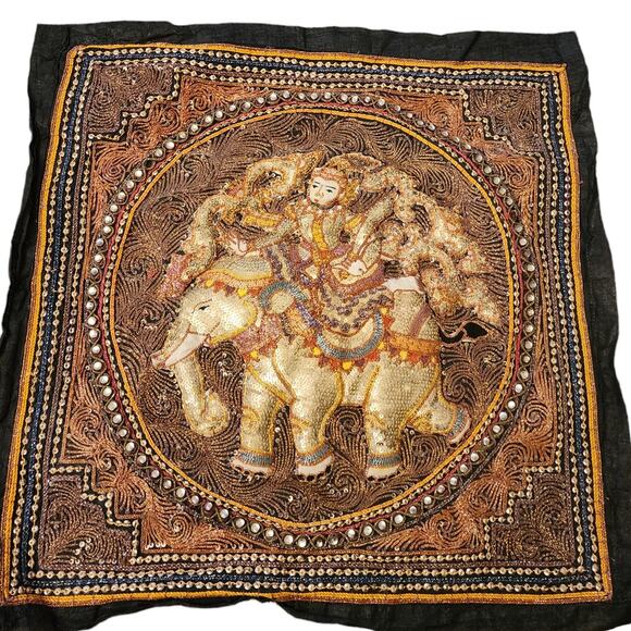 Vintage Asian Elephant Tapestry 3D Raised Handcraft Embroidered Sequins Art 21" - Picture 2 of 16